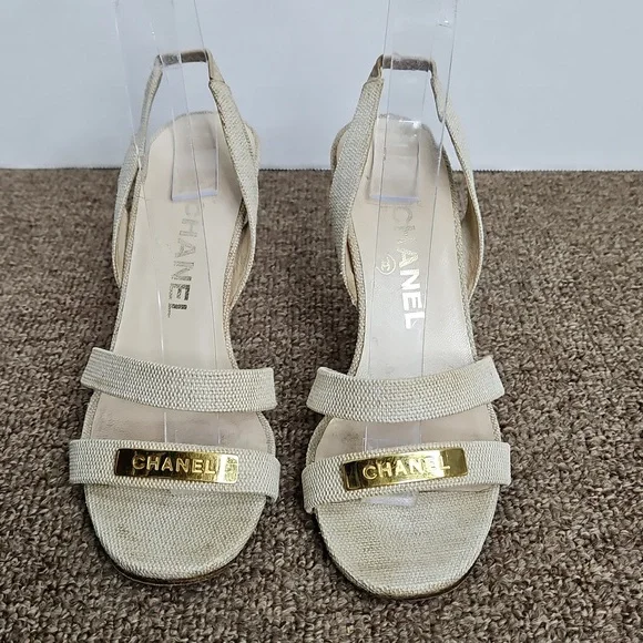Chanel Beige Fabric Slingback Heels Gold Tone Metal Plate Sz 36 Womens - Picture 2 of 10